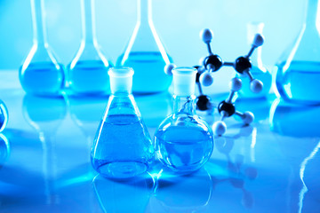 Laboratory equipment, lots of glass filled