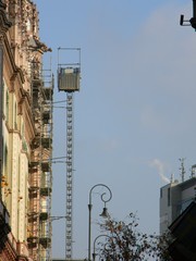 Facade access equipment attached to a historic building in Budapest, Hungary