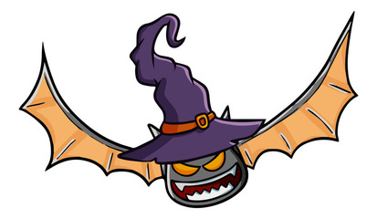 Funny and scary flying bat wearing witch hat for Halloween - vector.