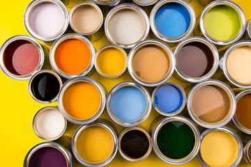 Paint cans color palette, yellow background