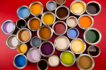 Collection of colored paints cans