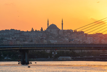 Istanbul at the sunset, panoramic view of Suleymaniye Mosque