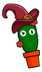Cute and funny cactus with flower wearing witch hat for Halloween - vector.