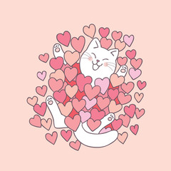 Naklejka premium Cartoon cute Valentines day cat and love vector.