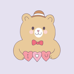 Cartoon cute Valentines day bear and love vector.