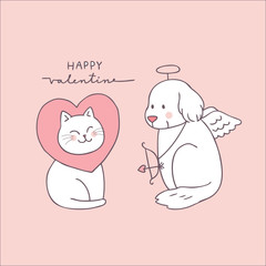 Cartoon cute Valentines day cat and dog vector.