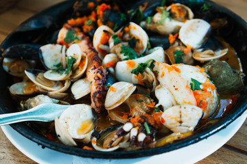 closeup mix seafood soup pot