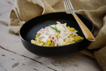 tasty Carbonara pasta on the table