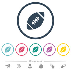 Rugby ball flat color icons in round outlines