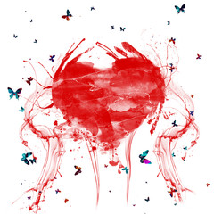 Abstract watercolor splashes red heart . Heart with colorful butterflies.