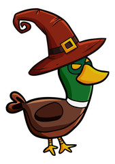 Funny and scary duck wearing witch hat for Halloween - vector.