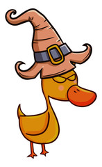 Funny and scary little duck wearing witch hat for Halloween - vector.