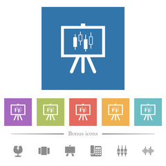 Presentation table with candlestick chart flat white icons in square backgrounds