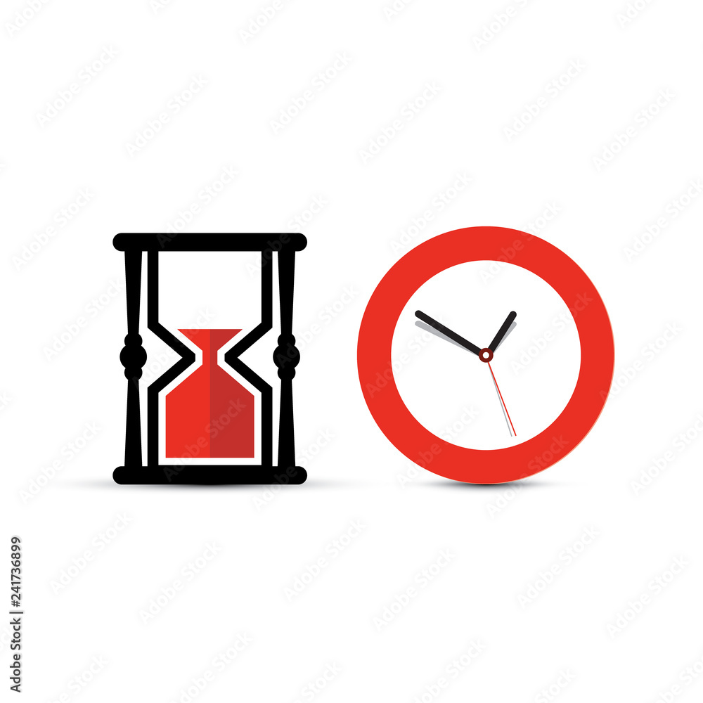 Poster sandclock and clock icons. vector time symbol isolated on white background.