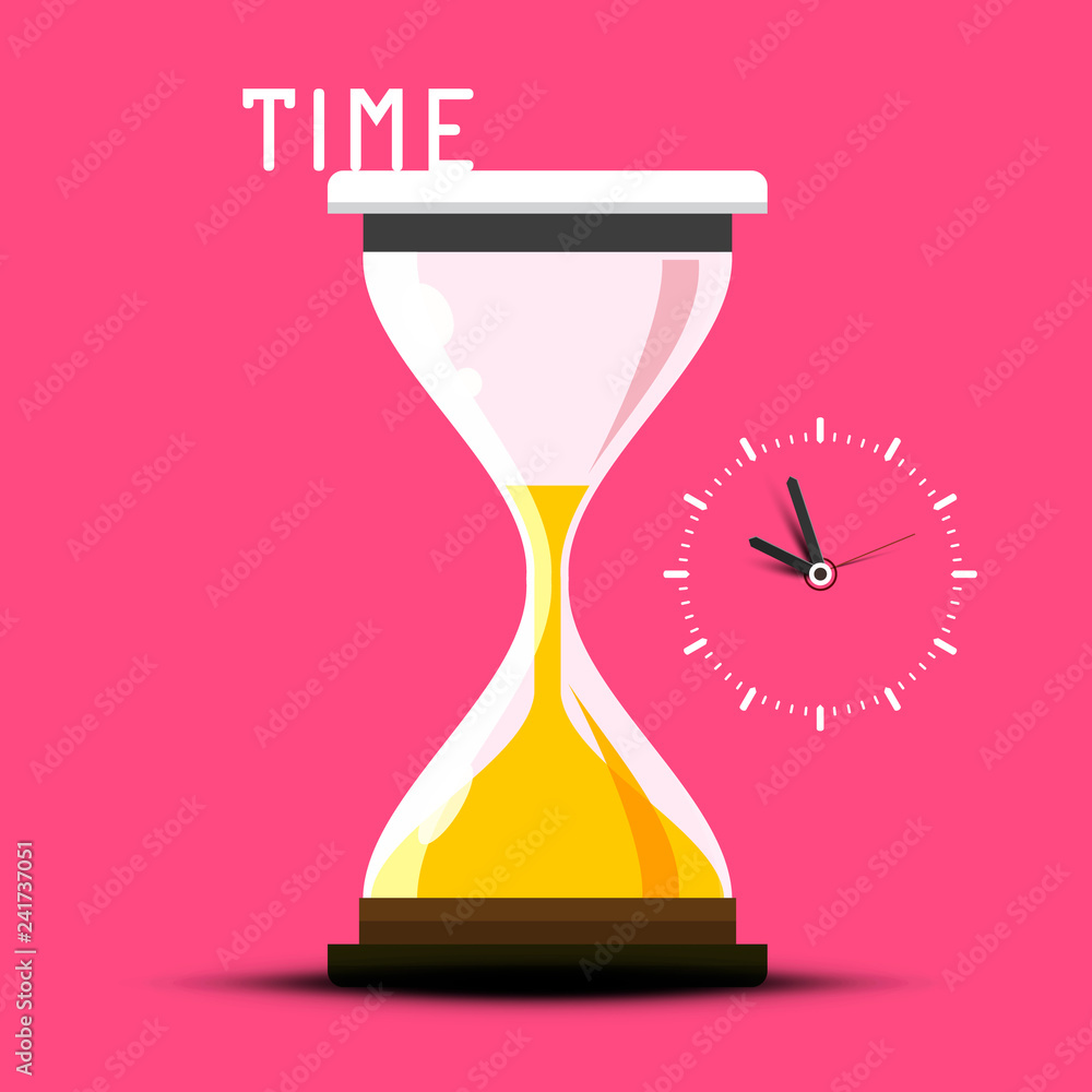 Poster time vector design with hourglass on pink background