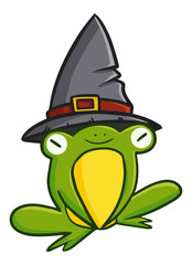 Cute and funny frog sitting & wearing witch hat for Halloween - vector.