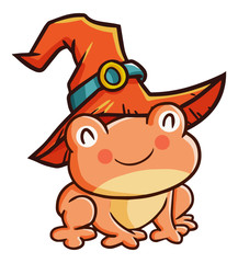 Cute and funny peach frog wearing witch hat for Halloween - vector.