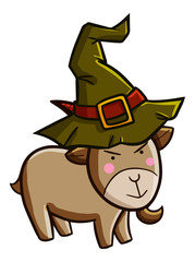 Funny and scary goat wearing witch hat for Halloween - vector.