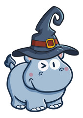 Cute and funny Hippo wearing witch hat for Halloween - vector.
