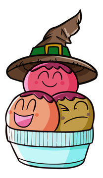 Funny and funny 3 scopes ice cream wearing witch hat for Halloween - vector.