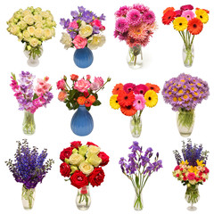 Collection of beautiful bouquets flowers in vases isolated on white background. Flat lay, top view