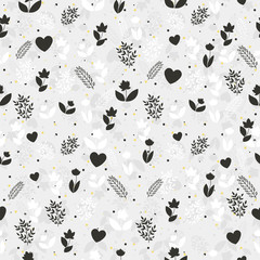Seamless floral pattern with silhouettes of flowers, brunches and hearts and on gray background