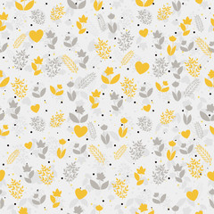 Seamless floral pattern with silhouettes of flowers, brunches and hearts and on gray background. 