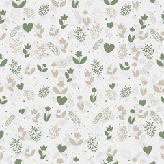 Seamless floral pattern with silhouettes of flowers, brunches and hearts and on gray background. 