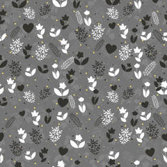 Seamless floral pattern with silhouettes of flowers, brunches and hearts and on a dark gray background