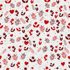 Seamless floral pattern with silhouettes of flowers, brunches and hearts and on gray background. 