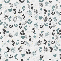 Seamless floral pattern with silhouettes of flowers, brunches and hearts and on gray background. 
