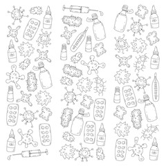 Obraz premium Cough, pills, influenza, flu, sickness. Vector pattern with doodle icons. Healthcare and medicine.