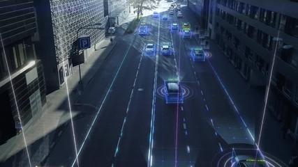 Aerial Drone Shot: Autonomous Self Driving Cars Moving Through City. Concept: Artificial Intelligence Scans Surrounding Environment, Detecting Cars, Pedestrians, Avoids Traffic Jams and Drives Safely.