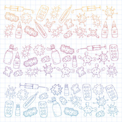Cough, pills, influenza, flu, sickness. Vector pattern with doodle icons. Healthcare and medicine.