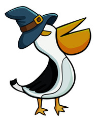 Funny and scary pelican wearing witch hat for Halloween - vector.
