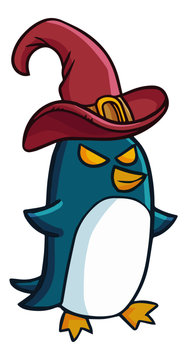Funny and scary penguin wearing witch hat for Halloween - vector.