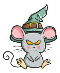 Funny and scary little rat wearing witch hat for Halloween - vector.