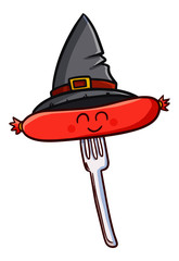 Cute and funny yummy sausage wearing witch hat for Halloween - vector.