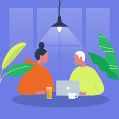 Dialog. Two characters sitting at the table. Office. Cafe. Millennials at work. Business meeting. Date. Flat editable vector illustration, clip art