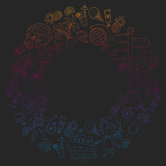 Happy children playing at seashore, beach, sea, ocean. Kids vacation and travelling. Swimming, doodle icons globe, cruise ship, cocktails