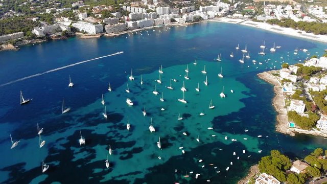 Aerial view, flight over Santa Ponca and the marina, Calvia, Mallorca, Spain