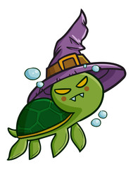Funny and scary swimming turtle wearing witch hat for Halloween - vector.