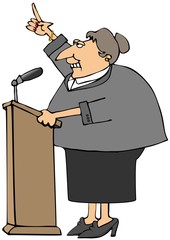 Woman speaking at a wooden podium