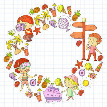 Happy children playing at seashore, beach, sea, ocean. Kids vacation and travelling. Swimming, doodle icons globe, cruise ship, cocktails