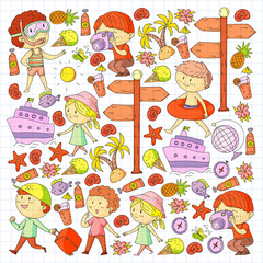 Happy children playing at seashore, beach, sea, ocean. Kids vacation and travelling. Swimming, doodle icons globe, cruise ship, cocktails