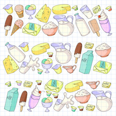 Dairy products. Doodle icons. Diet, breakfast. Milk, yogurt, cheese, ice cream, butter. Eat fresh healthy food and be happy.