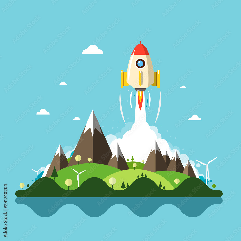 Poster rocket launch with vector landscape on background