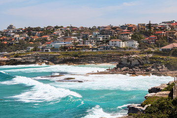 Close view onto Tamarama and Bronte beach seen from Mackenzies Point in summer on the Bondi to...