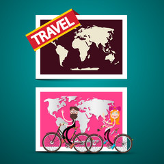 Fototapeta na wymiar Man and Woman on Bicycles with World Map on Background. Vector Traveling Design.