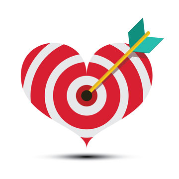Arrow In Heart Shaped Dart Board. Vector Bullseye Love Symbol.